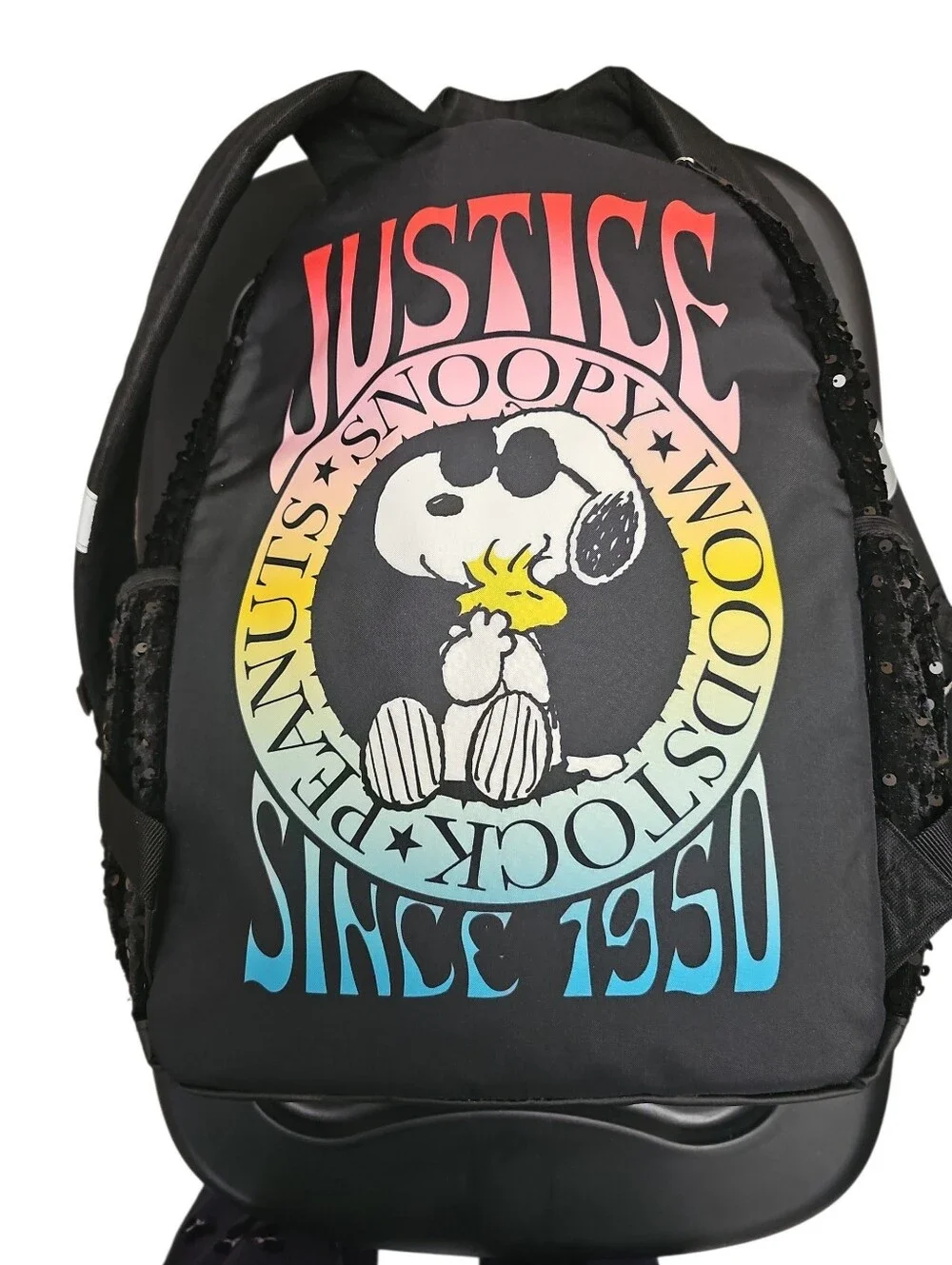 Justice Peanuts Snoopy Black Sequir Backpack Hooded Fuzzy Pocket EUC